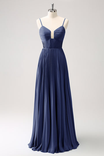 Vestido de dama de honor con tirantes de espagueti azul pavo real